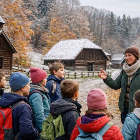 Kinder und eine Frau bei der Winterführung im Freilichtmuseum Stübing.