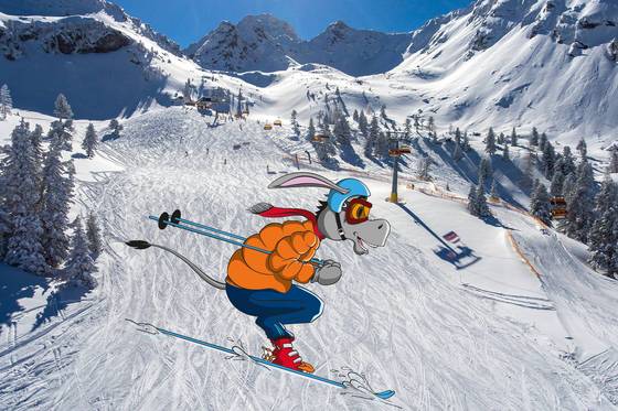 Maskottchen Donki  beim Skifahren am Hauser Kaibling in der Steiermark (Fotomontage)