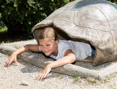 Mädchen im leeren Schildkrötenpanzer (Foto: Tierwelt Herberstein)